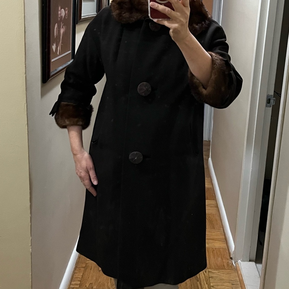 Chocolate brown coat with fur trim